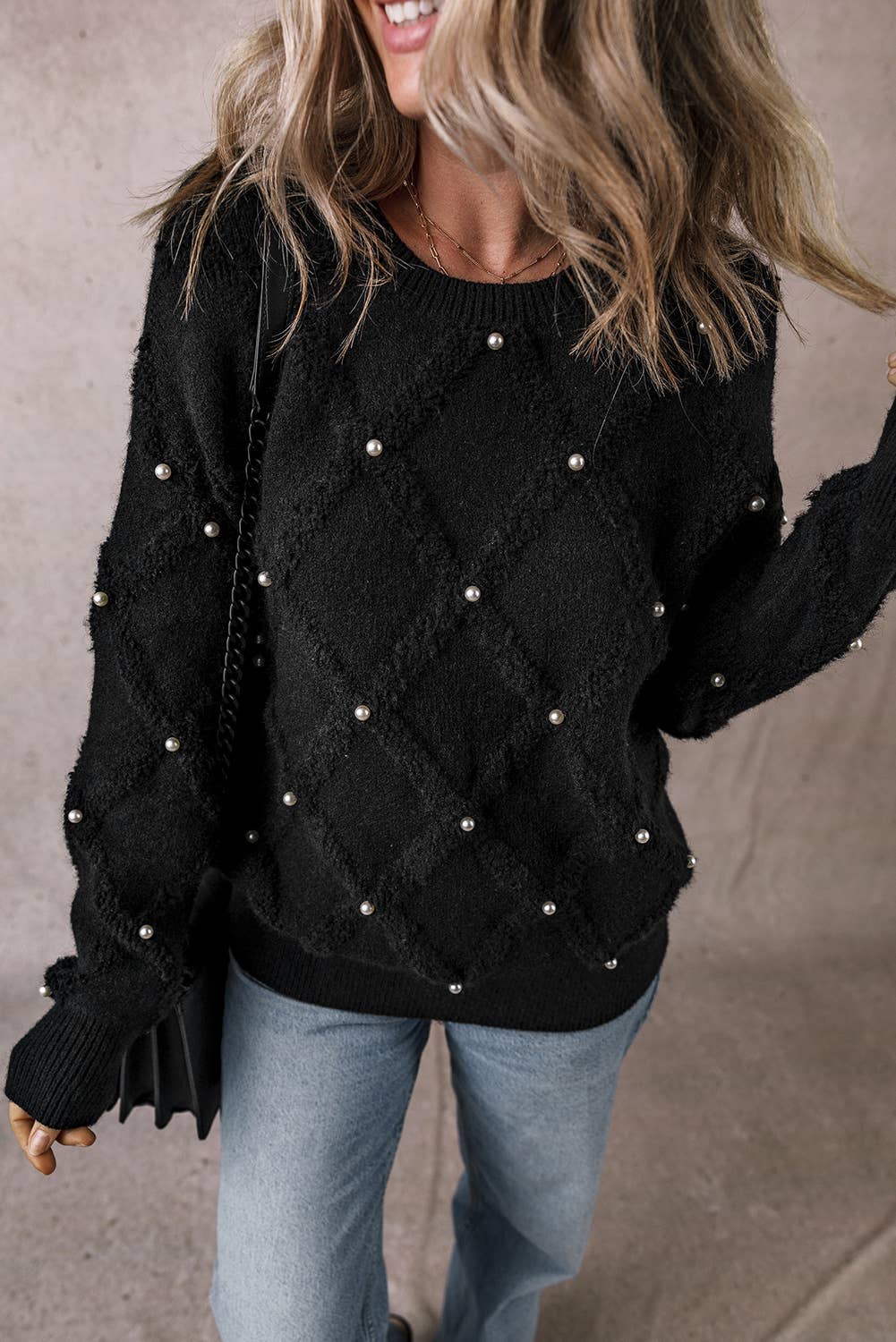 Pearl Embellished Rhombus Pattern Sweater