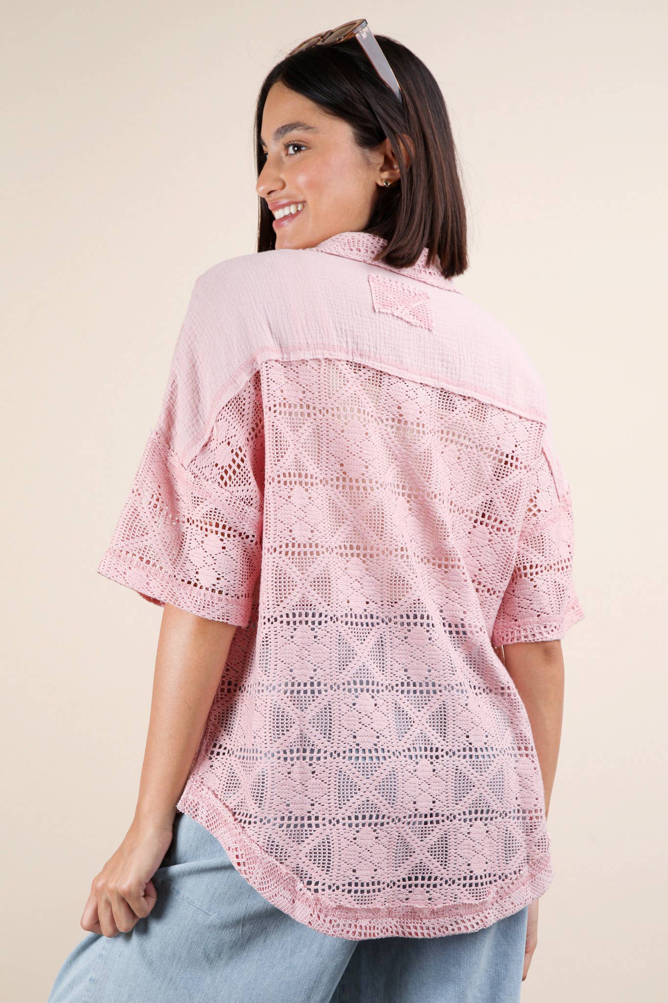 PLUS SIZE Oversized Crochet Button Down Shirt Top – Blonde