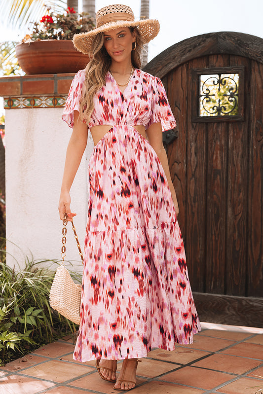 Pink Abstract Printed Flutter Sleeve Daring Cutout Long Dress (in Shop)