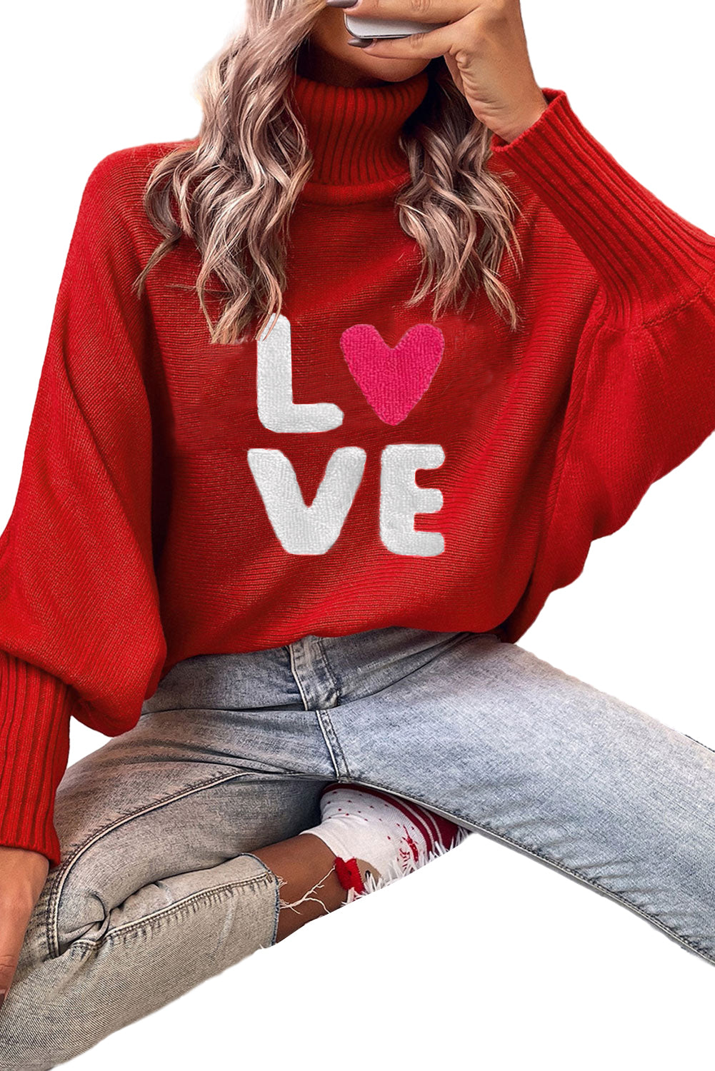 Merry Letter Embroidered High Neck Sweater