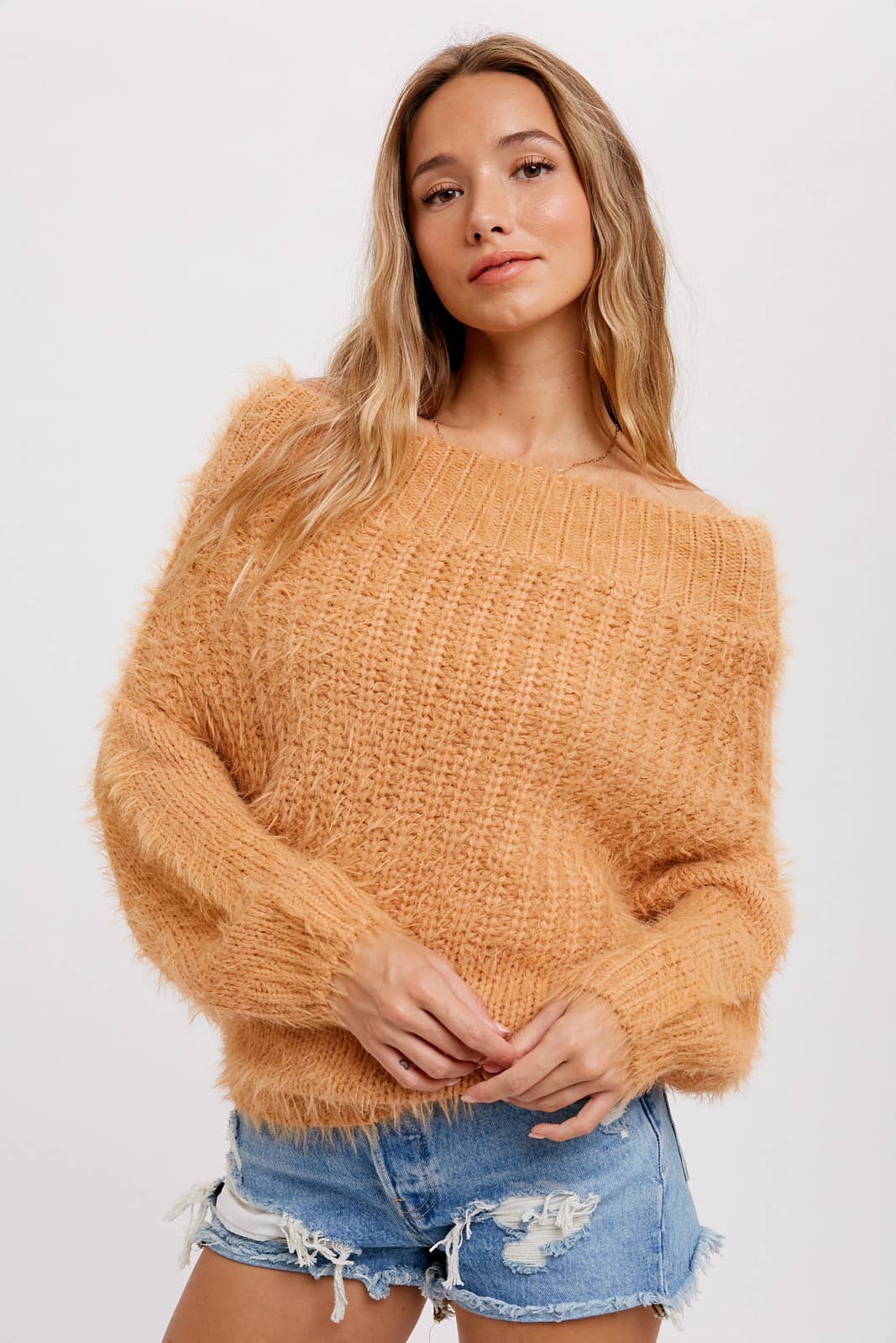FUZZY DOLMAN OFF SHOULDER PULLOVER