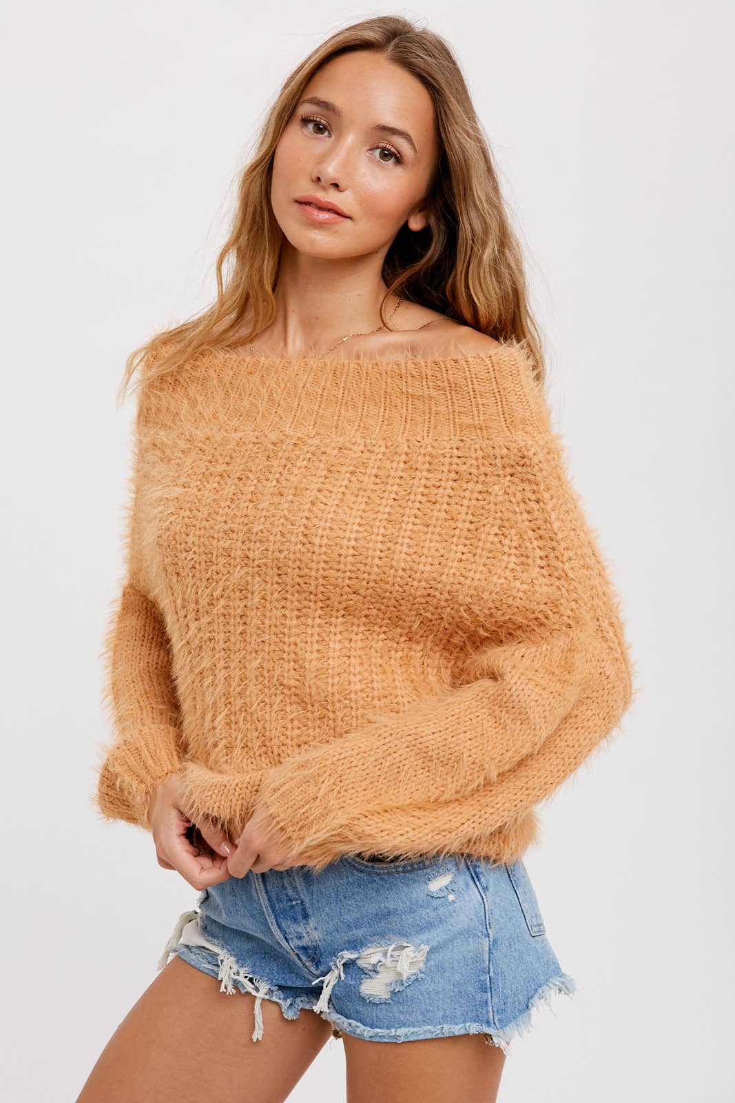 FUZZY DOLMAN OFF SHOULDER PULLOVER