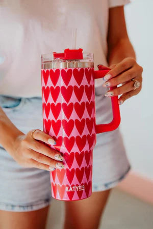 GIRLY RED HEARTS DESIGN TUMBLER WITH HANDLE