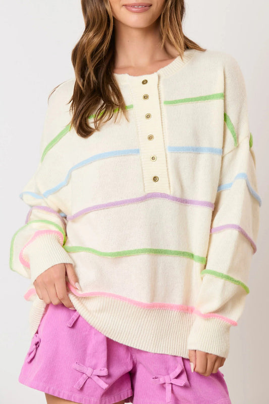 White Rainbow Stripes Drop Shoulder Baggy Henley Sweate