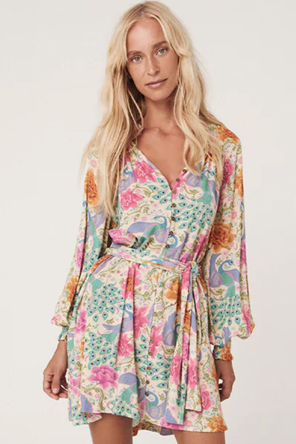Multicolour Floral Print Bubble Sleeve Buttoned V Neck Mini Dress (In Shop)