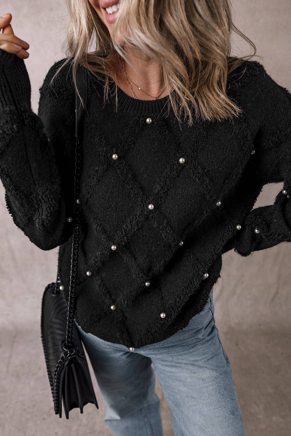 Pearl Embellished Rhombus Pattern Sweater