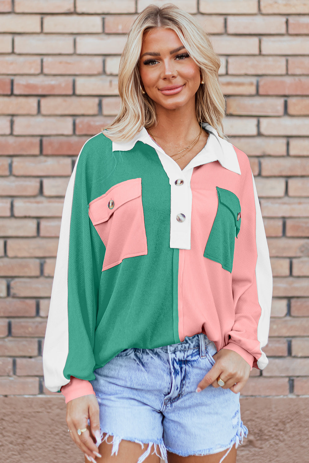 Gray Colorblock Ribbed Collared Oversized Sweatshirt