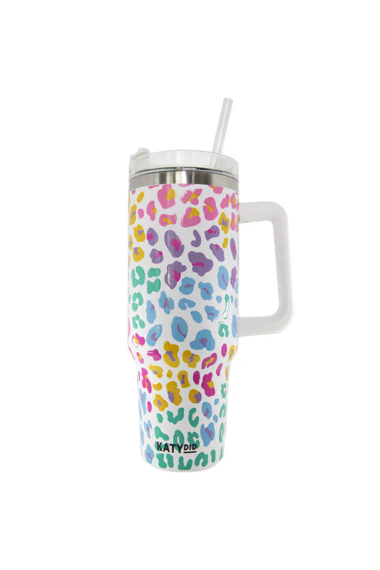 PASTEL LEOPARD TUMBLER CUP WITH DRINKING STRAW