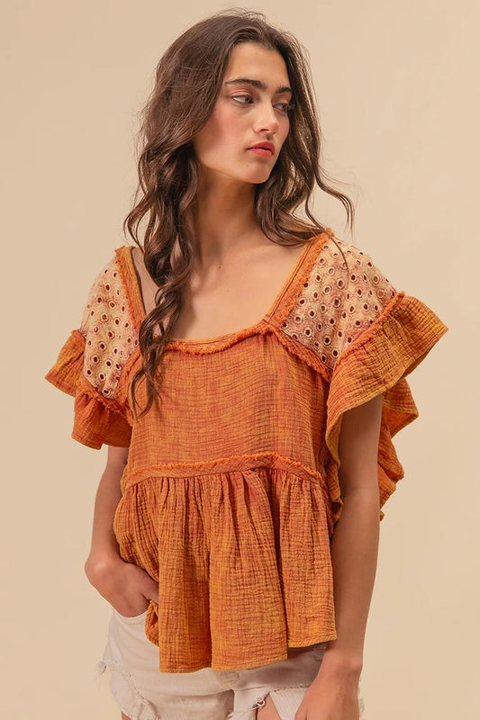 MINERAL WASHED GAUZE FLUTTER TOP WITH LACE BLOCKS