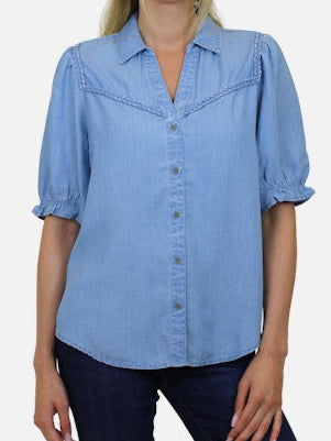 Light Washed Denim 3/4 Sleeve Button Down Top