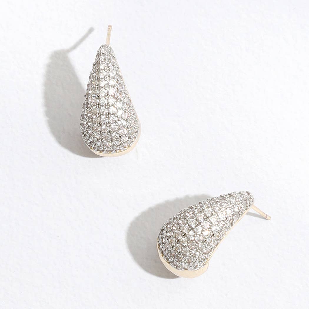 Water Drop Shape CZ Pave Two Tone Post Earrings