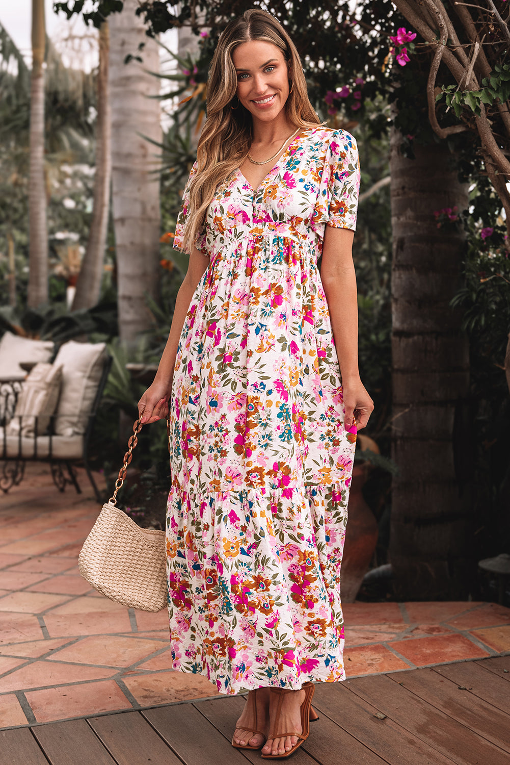 Red Floral Short Sleeve V Neck High Waist Maxi Dress (in Shop)