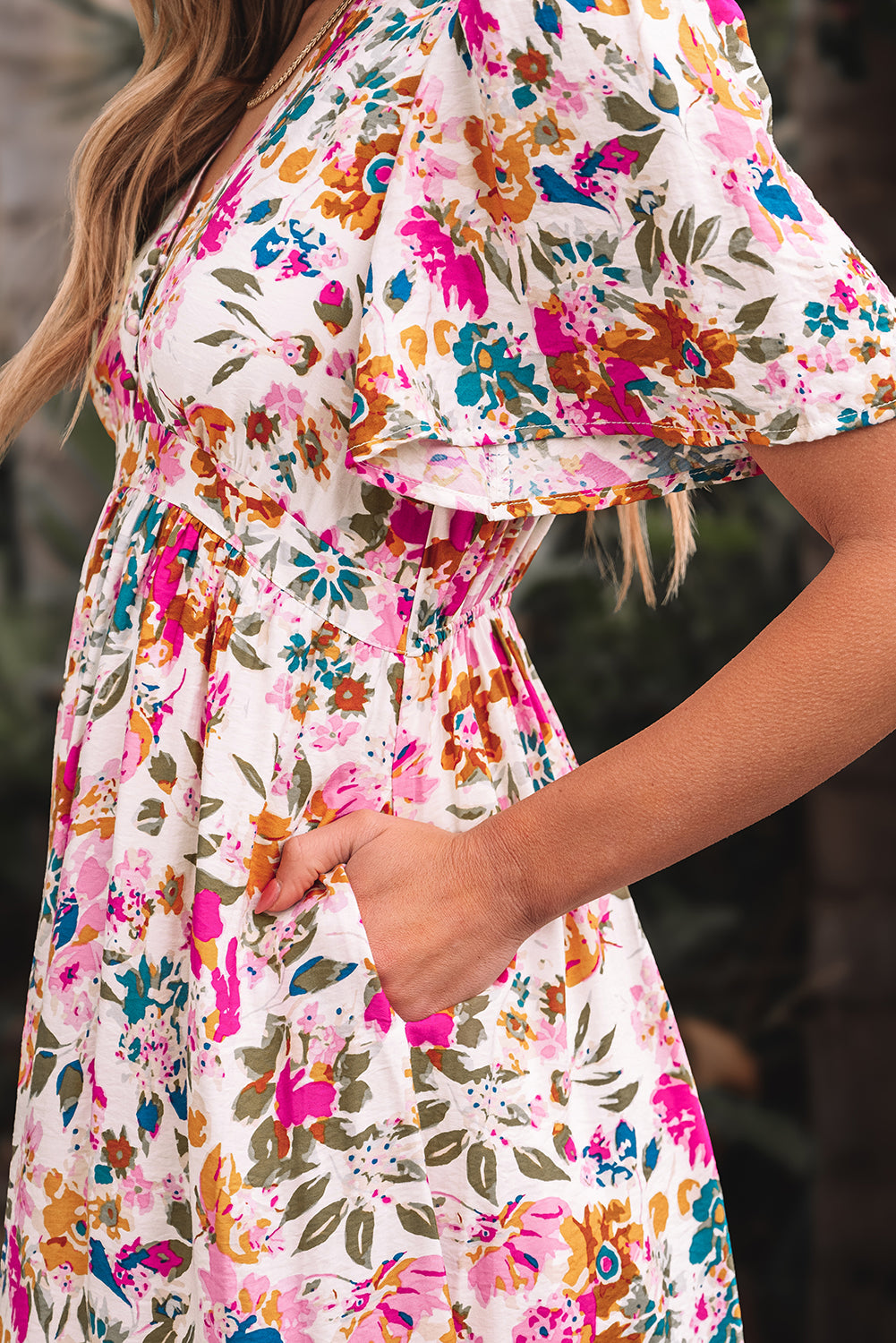 Red Floral Short Sleeve V Neck High Waist Maxi Dress (in Shop)