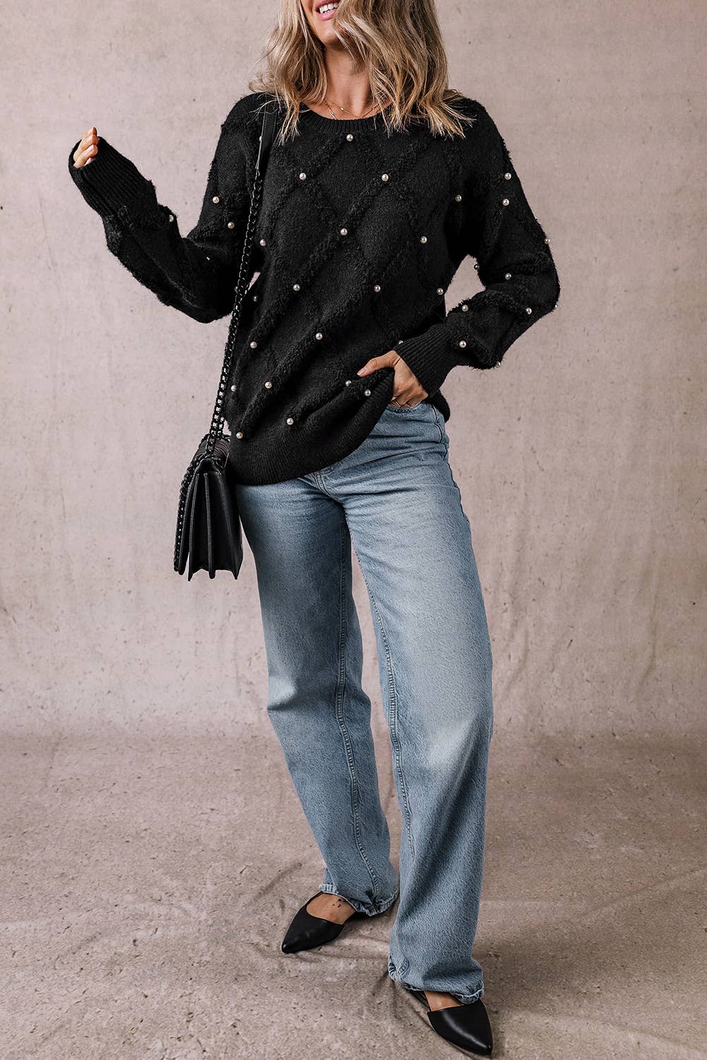 Pearl Embellished Rhombus Pattern Sweater