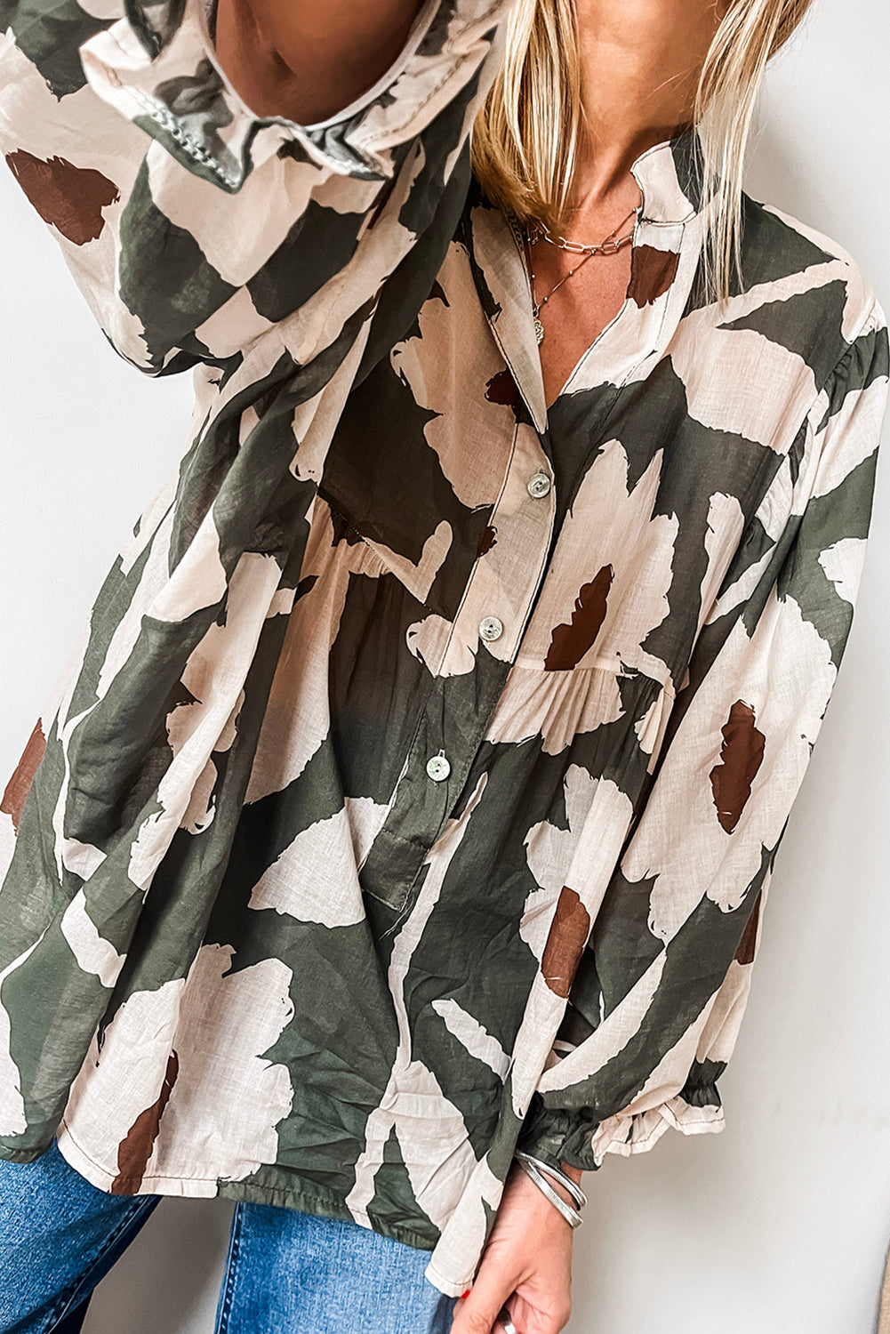 Four Leaf Clover Abstract Floral Print Puff Sleeve Half Button Blouse (In Shop)