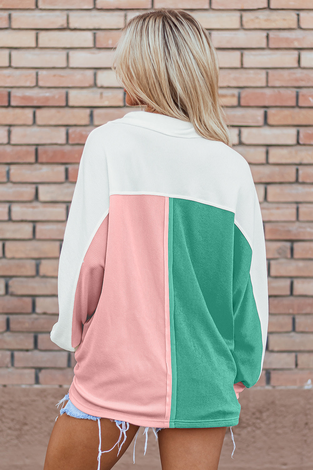 Gray Colorblock Ribbed Collared Oversized Sweatshirt