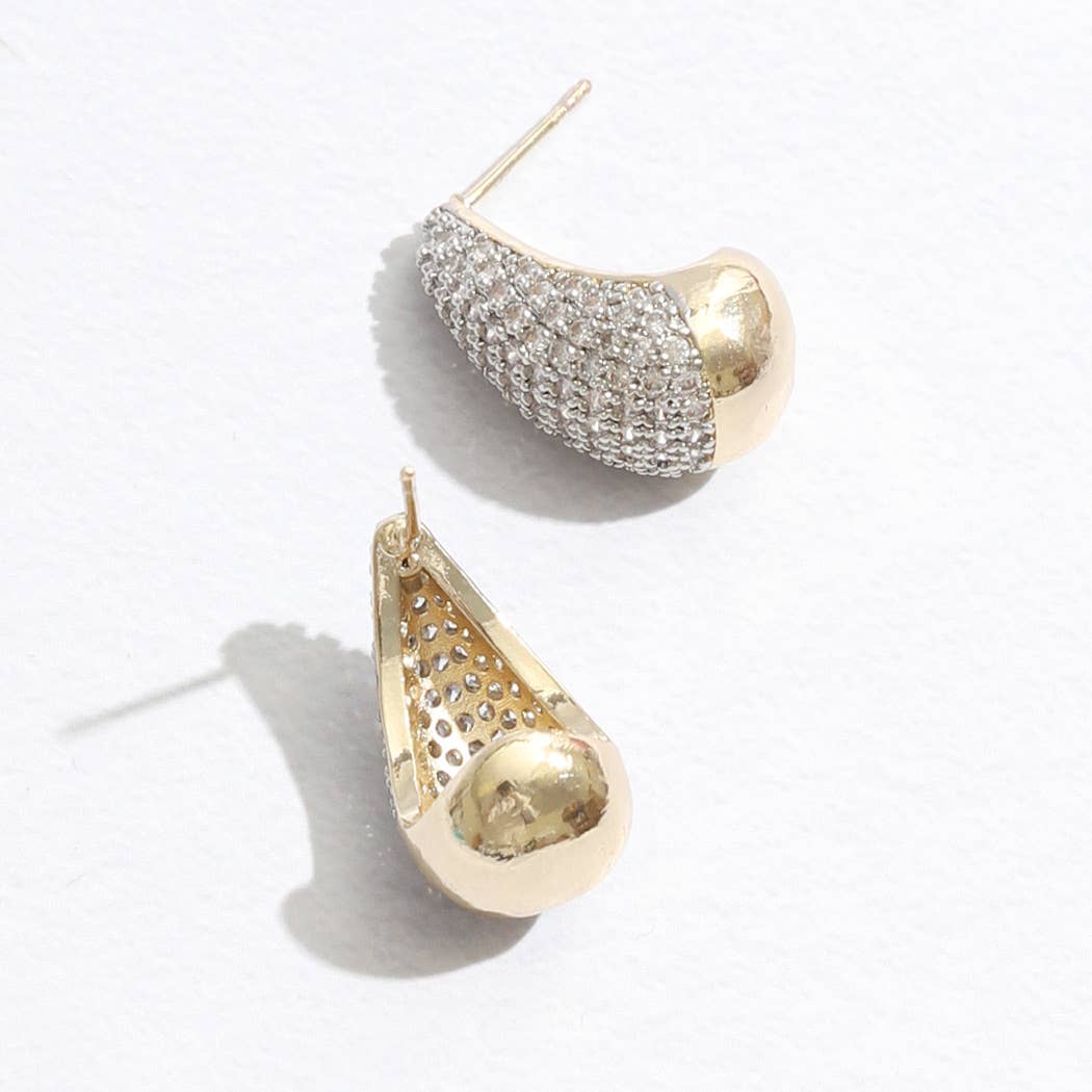 Water Drop Shape CZ Pave Two Tone Post Earrings
