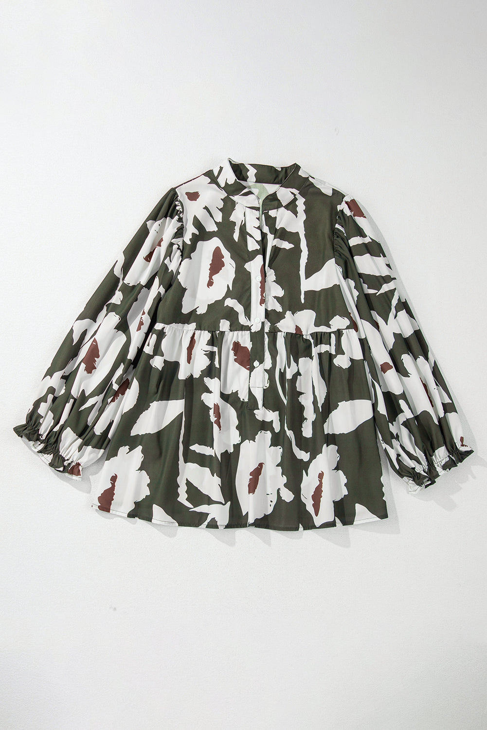 Four Leaf Clover Abstract Floral Print Puff Sleeve Half Button Blouse (In Shop)