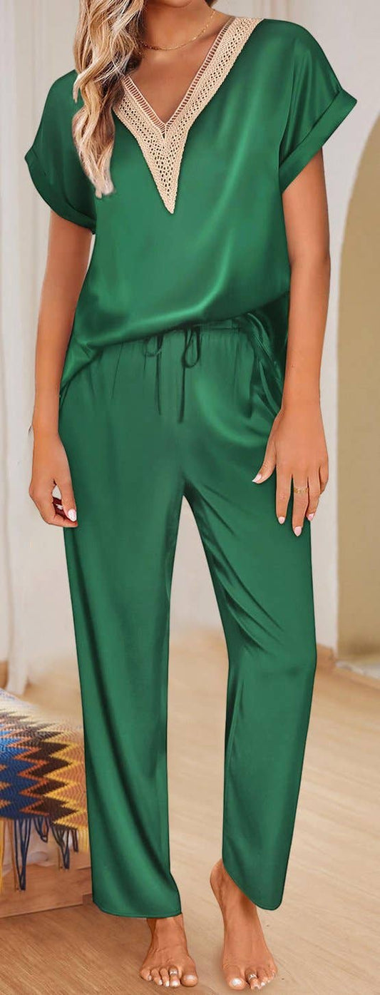 Guipure Trim V Neck Satin Two-piece Set