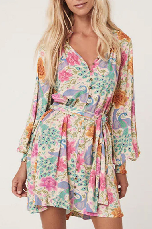 Multicolour Floral Print Bubble Sleeve Buttoned V Neck Mini Dress (In Shop)