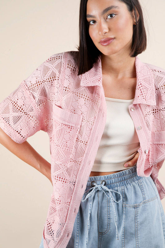 PLUS SIZE Oversized Crochet Button Down Shirt Top