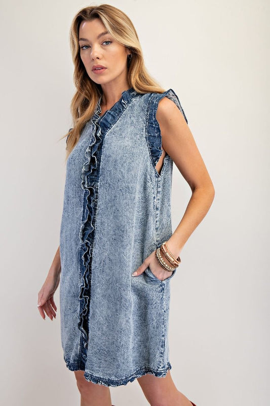 RUFFLE HEM WASHED CHAMBRAY DRESS