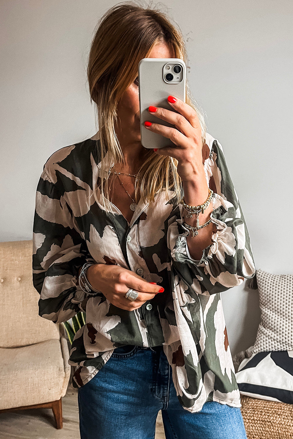Four Leaf Clover Abstract Floral Print Puff Sleeve Half Button Blouse (In Shop)